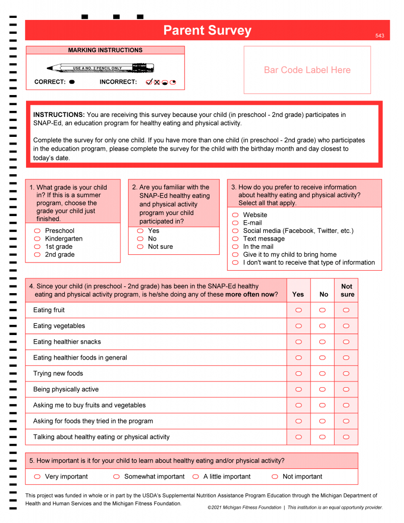 Parent Survey (543) SNAPEd at Michigan Fitness