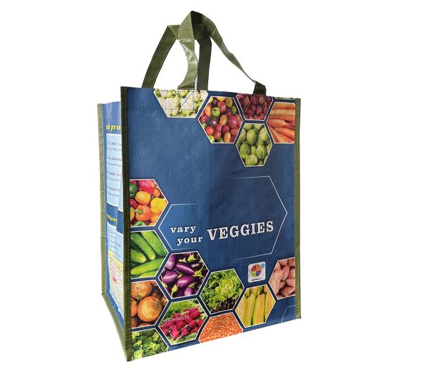 Reusable bag with blue background with fruits and veggies on it. Also includes the words "Vary your Veggies" on it.