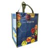 Reusable bag with blue background with fruits and veggies on it. Also includes the words "Focus on whole Fruits" on it